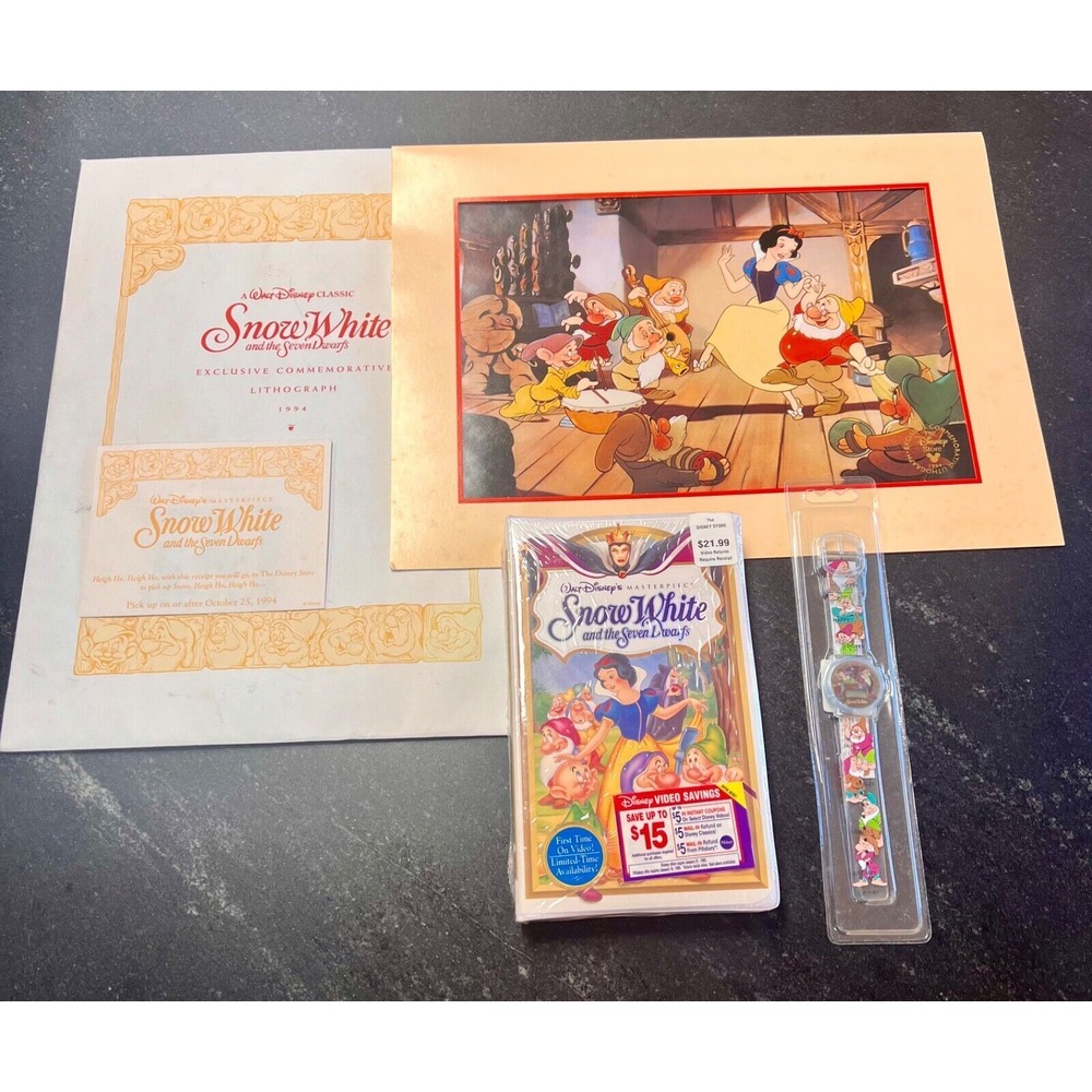 WALT DISNEY'S SNOW‎ WHITE 1994 1st TIME VIDEO SET SEALED VHS, LITHOGRAPH & WATCH